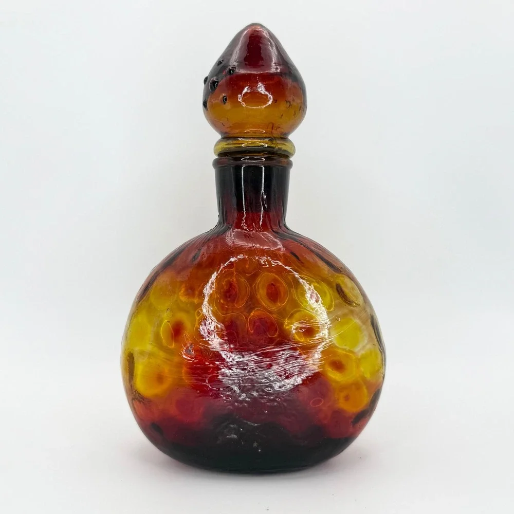 Vintage Amberina Glass Decanter Bottle Stopper Art‎ Glass Handblown Rustic Optic
